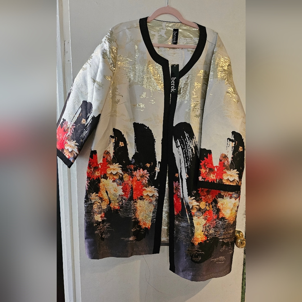 berek Floral Metallic Cream Black Coat with Red & Orange Accents